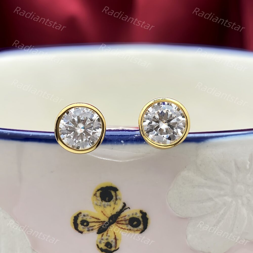 NEW Certified 2ct. t.w. Moissanite Gold Bezel Set Stud Earrings - Picture 3 of 6